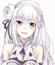 1girl :d black_ribbon braid breasts cleavage crown_braid detached_sleeves emilia_(re:zero) flower hair_between_eyes hair_flower hair_ornament hair_ribbon long_hair medium_breasts open_mouth purple_eyes re:zero_kara_hajimeru_isekai_seikatsu ribbon shumiko_(kamenokoueki) silver_hair simple_background smile solo upper_body very_long_hair white_background white_flower