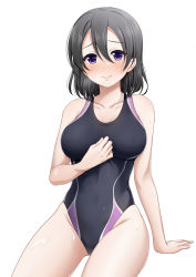 Rule 34 | 1girl, black hair, black one-piece swimsuit, blush, breasts, closed mouth, collarbone, competition swimsuit, covered erect nipples, covered navel, gluteal fold, hair between eyes, highleg, highleg swimsuit, large breasts, lips, looking at viewer, love live!, love live! sunshine!!, miel (lessontome), one-piece swimsuit, purple eyes, short hair, simple background, sitting, smile, solo, swimsuit, watanabe tsuki, wet, white background