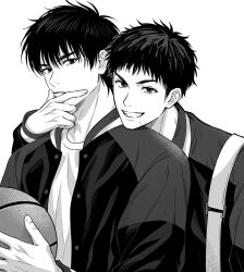 Rule 34 | 2boys, ball, basketball, closed mouth, grin, hand up, highres, holding, holding ball, jacket, looking at viewer, male focus, mitsui hisashi, multiple boys, rukawa kaede, shirt, short hair, simple background, slam dunk (series), smile, upper body, v-shaped eyebrows, vaw88zzz