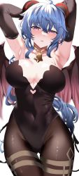 Rule 34 | 1girl, ahoge, armpits, arms behind head, arms up, ass, bat wings, bell, blue hair, blush, breasts, cleavage, covered erect nipples, covered navel, cowbell, ganyu (genshin impact), genshin impact, goat horns, hair between eyes, halloween costume, highres, horns, huge ass, large breasts, long hair, looking at viewer, midriff, navel, open mouth, pantyhose, pelvic curtain, ponytail, purple eyes, shiben (ugvu5784), stomach, thick thighs, thighs, wide hips, wings