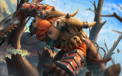 Rule 34 | 1boy, animal, armor, axe, bare tree, belt, bird, blurry, blurry foreground, brown belt, brown gloves, chain, colored skin, garrosh hellscream, gloves, highres, holding, holding axe, male focus, nose piercing, nose ring, open mouth, orange skin, orc, piercing, sharp teeth, shoulder armor, solo, teeth, themaestronoob, tree, warcraft