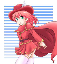 Rule 34 | 1990s (style), 1girl, belt, cape, female focus, final fantasy, final fantasy v, green eyes, hat, lenna charlotte tycoon, lowres, miniskirt, ottosei, pink hair, red mage (final fantasy), retro artstyle, short hair, skirt, solo, square enix, thighhighs