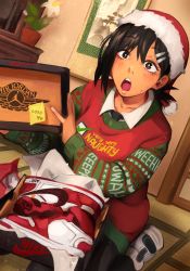 Rule 34 | 1girl, absurdres, air jordan, black hair, chainsaw man, christmas, christmas sweater, clothes writing, commentary, english commentary, english text, flower, gift, hair ornament, hairclip, hanging scroll, hat, higashiyama kobeni, highres, indoors, khyle., looking at viewer, medium hair, mole, mole on cheek, mole under eye, mole under mouth, multiple moles, nike (company), open mouth, plant, potted plant, santa hat, scroll, shoes, sneakers, solo, sweater, tatami