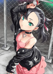 Rule 34 | 1girl, absurdres, aqua eyes, arm up, asymmetrical hair, bare shoulders, black hair, black jacket, breasts, choker, cleavage, collarbone, creatures (company), dress, earrings, expressionless, from above, game freak, hair ribbon, half-closed eyes, highres, jacket, jewelry, looking at viewer, marnie (pokemon), nail polish, nintendo, off shoulder, open clothes, open jacket, pink dress, poke ball, poke ball (basic), pokemon, pokemon swsh, ribbon, sharumon, short twintails, sleeveless, sleeveless dress, small breasts, solo, twintails