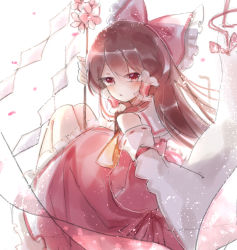 Rule 34 | 1girl, :o, ascot, blush, bow, brown hair, collar, detached sleeves, frilled bow, frills, gohei, hair bow, hair tubes, hakurei reimu, japanese clothes, long hair, looking at viewer, looking back, miko, red bow, red eyes, red shirt, red skirt, ribbon-trimmed sleeves, ribbon trim, shirt, sidelocks, simple background, skirt, skirt set, sleeveless, solo, sorani (kaeru0768), touhou, white background, yellow ascot