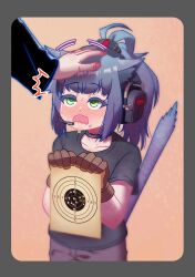 Rule 34 | 1girl, absurdres, animal ears, arknights, black hair, black shirt, blush, bullet hole, cat ears, cat girl, cat tail, disembodied hand, doctor (arknights), ear protection, gloves, green eyes, hand on another&#039;s head, headpat, headset, highres, holding, jessica (arknights), long hair, open mouth, out of frame, ponytail, shirt, sleepywoodmac, stiff tail, t-shirt, tail, target, target practice