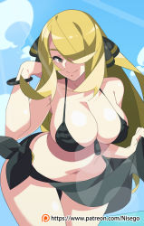 Rule 34 | 1girl, bikini, black bikini, black eyes, blonde hair, breasts, cleavage, creatures (company), curvy, cynthia (pokemon), day, game freak, hair over one eye, highres, large breasts, leaning forward, long hair, looking at viewer, navel, nintendo, nisego, outdoors, pale skin, pokemon, pokemon dppt, sarong, smile, solo, standing, stomach, swimsuit, very long hair, watermark, web address, wide hips