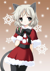 Rule 34 | 1girl, animal ears, black pantyhose, blush, cat ears, cat tail, gift, gloves, green eyes, holding, holding gift, isa (ni-iro), pantyhose, ribbon, santa costume, sanya v. litvyak, short hair, silver hair, snowflakes, solo, strike witches, tail, world witches series