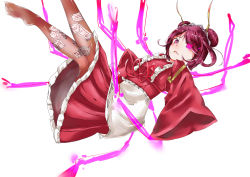 Rule 34 | 1girl, absurdres, antennae, apron, artist request, double bun, entoma vasilissa zeta, falling, fangs, frills, highres, japanese clothes, kimono, maid, maid apron, maid headdress, open mouth, overlord (maruyama), purple eyes, purple hair, simple background, sleeves past wrists, solo