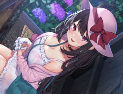 Rule 34 | 1girl, bag, black collar, black hair, blush, bra, breasts, cleavage, collar, dress, dutch angle, flower, hat, large breasts, long hair, looking at viewer, pink hat, pink sweater, purple flower, rain, red eyes, see-through, short dress, shoulder bag, sitting, smile, solo, sweater, underwear, wet, wet clothes, white dress, wowoguni