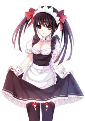 Rule 34 | 10s, 1girl, alternate costume, bai kongque, black hair, black thighhighs, breasts, cleavage, clock eyes, date a live, enmaided, hairband, heterochromia, long hair, looking at viewer, maid, red eyes, skirt, skirt hold, smile, solo, symbol-shaped pupils, thighhighs, tokisaki kurumi, twintails, white background, yellow eyes