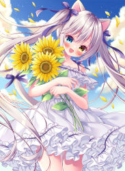 Rule 34 | 1girl, animal ears, bare shoulders, blue eyes, blue sky, blush, cat ears, cat girl, cat tail, cloud, collarbone, commentary, dress, flower, hair ribbon, heterochromia, highres, holding, holding flower, long hair, looking at viewer, off-shoulder dress, off shoulder, open mouth, original, puu (kari---ume), ribbon, silver hair, sky, solo, sunflower, symbol-only commentary, tail, tail ornament, tail ribbon, twintails, white dress, yellow eyes