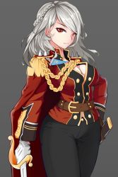 Rule 34 | 1girl, azur lane, belt, black pants, braid, breasts, cape, cleavage, cleavage cutout, clothing cutout, epaulettes, french braid, grey background, large breasts, long hair, painttool sai, pants, prince of wales (azur lane), red eyes, saber (weapon), scabbard, sheath, silver hair, solo, sword, unsheathed, weapon, zhongji renxing zi zou xian danhuang