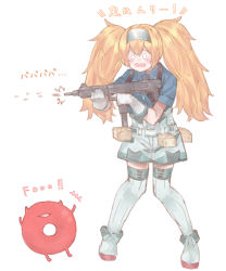 Rule 34 | 1girl, az toride, blonde hair, blue eyes, blue shirt, box, breast pocket, breasts, collared shirt, enemy lifebuoy (kancolle), firing, full body, gambier bay (kancolle), gloves, gun, hairband, kantai collection, large breasts, machine pistol, open mouth, pocket, rifle, shirt, shorts, submachine gun, thighhighs, translation request, twintails, uzi, weapon, white background, white thighhighs