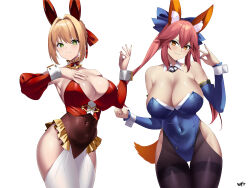 Rule 34 | 2girls, animal ear fluff, animal ears, bare shoulders, blonde hair, blue bow, bow, braid, breasts, choker, cleavage, covered navel, detached collar, detached sleeves, fate/extra, fate/grand order, fate (series), fox ears, fox girl, fox tail, french braid, gradient background, green eyes, hair between eyes, hair bow, hand on own chest, highres, kurozawa yui, large breasts, legs together, long hair, looking at viewer, multiple girls, nail polish, nero claudius (fate), nero claudius (fate) (all), nero claudius (fate/extra), pink hair, rabbit ears, sidelocks, smile, tail, tamamo (fate), tamamo no mae (fate/extra), twintails, yellow eyes