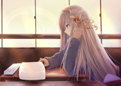 Rule 34 | 1girl, anastasia (fate), bad id, bad pixiv id, black jacket, blazer, book, brown hairband, chair, closed mouth, commentary request, desk, fate/grand order, fate (series), fingernails, green eyes, hair between eyes, hairband, hand in own hair, hand up, holding, holding pencil, indoors, jacket, long hair, open book, pencil, profile, sashima, school chair, school desk, silver hair, sitting, solo, very long hair, window