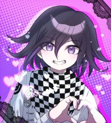 Rule 34 | 1boy, black hair, checkered clothes, checkered scarf, danganronpa (series), danganronpa v3: killing harmony, grin, hair between eyes, hands up, heart, heart hands, highres, jacket, lace, long sleeves, male focus, oma kokichi, pink background, pink eyes, sacchan happy, scarf, smile, solo, teeth, white jacket
