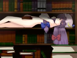 Rule 34 | 1girl, :&lt;, book, bookshelf, breasts, female focus, hat, large breasts, library, long hair, nude, patchouli knowledge, purple eyes, purple hair, solo, super masara, touhou, voile