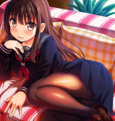 Rule 34 | 1girl, bad id, bad nicoseiga id, brown eyes, brown footwear, brown hair, couch, higa, indoors, long hair, looking at viewer, lying, miniskirt, on couch, on side, pantyhose, pillow, plant, school uniform, serafuku, shoes, skirt, smile, solo