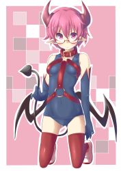 Rule 34 | 1girl, blush, breasts, demon tail, full body, glasses, highres, horns, kneeling, looking at viewer, one-piece swimsuit, original, pink eyes, pink hair, pointy ears, school swimsuit, short hair, small breasts, solo, spirytus tarou, swimsuit, tail, thighhighs