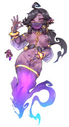 Rule 34 | 1girl, 1other, :d, ahoge, arabian clothes, armlet, bare shoulders, black hair, breasts, chain, clitoris, clothing request, collarbone, colored skin, desert spirit, earrings, fangs, genie, highres, jewelry, long hair, looking at viewer, medium breasts, monster girl, nail polish, navel piercing, nipple piercing, nipples, nyong nyong, ok sign, open mouth, piercing, pointy ears, ponytail, purple eyes, purple nails, purple skin, pussy, pussy juice, reference inset, ring, smile, spread pussy, sweat, tattoo, terraria, veil, very long hair