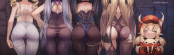 Rule 34 | 5girls, absurdres, ass, ass focus, back, barbara (genshin impact), black gloves, black hair, blonde hair, blush, bodysuit, bra, breasts, cameltoe, commentary request, copyright name, electro (genshin impact), facing away, facing viewer, fischl (genshin impact), from behind, genshin impact, gloves, grin, hands on own ass, hat, head out of frame, highres, holding, keqing (genshin impact), klee (genshin impact), long hair, mona (genshin impact), multiple girls, panties, panties under pantyhose, pants, pantyhose, pointy ears, red headwear, smile, stone wall, teeth, thigh gap, torriet, twintails, underwear, vision (genshin impact), wall, white bra, white pants