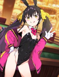 Rule 34 | 1girl, :q, animal ears, animal print, bare shoulders, black hair, black leotard, bow, bowtie, breasts, casino, commentary request, detached collar, fake animal ears, gloves, hair ribbon, highres, idolmaster, idolmaster cinderella girls, indoors, jacket, kazuta1000, leopard print, leotard, long hair, looking at viewer, matoba risa, off shoulder, open clothes, open jacket, playboy bunny, print ribbon, rabbit ears, ribbon, small breasts, smile, solo, strapless, strapless leotard, tongue, tongue out, twintails, v, very long hair, white gloves, yellow eyes