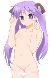 Rule 34 | 00s, 1girl, blue eyes, blush, breasts, cleft of venus, collarbone, groin, hair ribbon, hiiragi kagami, kurappii, long hair, lucky star, navel, nervous, nipples, non-web source, panties, panty pull, purple hair, pussy, ribbon, simple background, small breasts, solo, sweatdrop, topless, tsurime, twintails, uncensored, underwear, white panties