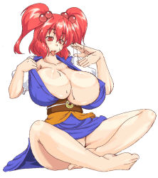 Rule 34 | 1girl, barefoot, breasts, cleavage, feet, female focus, huge breasts, lute (apocalypselibrary), nipples, no panties, oekaki, onozuka komachi, open clothes, open shirt, red eyes, red hair, shirt, short hair, simple background, solo, sweat, tongue, touhou, twintails, two side up, white background