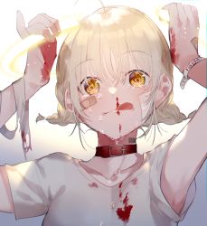 Rule 34 | ahoge, arms up, bandages, bandaid, bandaid on face, barcode, barcode tattoo, blonde hair, blood, blood on clothes, blood on hands, braid, broken halo, brown eyes, buckle, closed mouth, collar, collarbone, commentary request, crying, crying with eyes open, glowing, halo, highres, looking at viewer, miwano rag, mixed-language commentary, nosebleed, original, shirt, short hair, short sleeves, simple background, smile, tattoo, tears, twin braids, white background, white shirt, wristband