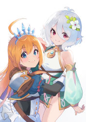 Rule 34 | 2girls, antenna hair, bare legs, blue eyes, blush, elf, hair between eyes, highres, kokkoro (princess connect!), long hair, looking at viewer, multiple girls, orange hair, pecorine (princess connect!), pointy ears, princess connect!, red eyes, shimon (31426784), short hair, simple background, smile, white background, white hair