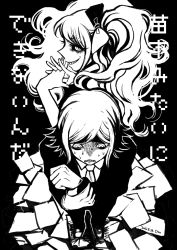 Rule 34 | 10s, 1boy, 1girl, 2016, black background, bracelet, danganronpa (series), danganronpa 3 (anime), dated, den1208, enoshima junko, formal, from above, greyscale, hair ribbon, interlocked fingers, jewelry, long hair, looking at viewer, looking down, mitarai ryota, monochrome, paper, ribbon, signature, simple background, suit, sweat, twintails