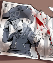 Rule 34 | 1boy, blood, blush, blush stickers, broken photo, cigarette, commentary request, danganronpa (series), danganronpa v3: killing harmony, half-closed eye, hat, highres, holding hands, hoshi ryoma, jacket, long sleeves, looking at viewer, male focus, mouth hold, one eye closed, photo (object), shirt, short hair, sketch, smile, solo focus, spot color, striped clothes, striped shirt, suurin (ksyaro), tree, upper body, very short hair