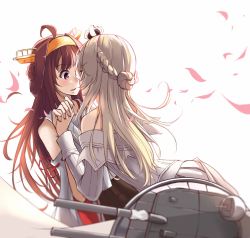 Rule 34 | 10s, 2girls, ahoge, bare shoulders, black skirt, blonde hair, blush, braid, cannon, corset, den (kur0 yuki), detached sleeves, double bun, dress, closed eyes, french braid, from behind, hair bun, hairband, highres, holding hands, imminent kiss, interlocked fingers, japanese clothes, kantai collection, kongou (kancolle), lips, long hair, looking at another, multiple girls, nontraditional miko, off-shoulder dress, off shoulder, parted lips, petals, pleated skirt, purple eyes, single hair bun, skirt, skirt set, warspite (kancolle), wide sleeves, yuri