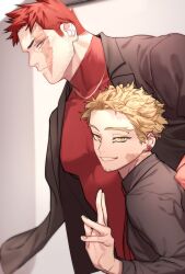 Rule 34 | 2boys, black jacket, blonde hair, boku no hero academia, closed mouth, earrings, endeavor (boku no hero academia), facial hair, goatee stubble, grey eyes, grey shirt, grin, hawks (boku no hero academia), height difference, highres, jacket, jewelry, long sleeves, looking at viewer, multiple boys, necktie, pectorals, pon52io, red hair, red necktie, red shirt, red wings, scar, scar on face, shirt, smile, sparse stubble, stubble, wings, yellow eyes