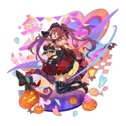Rule 34 | 1girl, bare shoulders, bat wings, black gloves, blush, boots, breasts, character doll, cleavage, dragalia lost, dragon girl, elbow gloves, euden, fang, fishnets, gloves, hair between eyes, hair ornament, halloween, halloween costume, heart, high heel boots, high heels, horns, jack-o&#039;-lantern, large breasts, long hair, looking at viewer, mym (dragalia lost), non-web source, official art, open mouth, orange eyes, red hair, ribbon, saitou naoki, skirt, smile, solo, tail, thigh boots, thighhighs, tiara, transparent background, window, wings