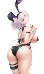 Rule 34 | 1girl, animal ears, arm strap, ass, azur lane, back, bare shoulders, bikini, bikini top only, black bikini, black leotard, breasts, commentary request, cowboy shot, cup, drinking glass, fake animal ears, from behind, hair between eyes, halterneck, highres, holding, holding cup, large breasts, leotard, liu liaoliao, long hair, looking at viewer, looking back, official alternate costume, parted lips, playboy bunny, purple eyes, rabbit tail, reno (azur lane), reno (reno bunnino) (azur lane), simple background, solo, swimsuit, tail, thigh strap, white background, white hair, wrist cuffs