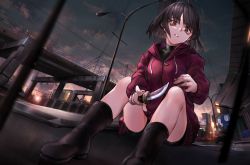 Rule 34 | 1girl, absurdres, ankle boots, antenna hair, bike shorts, black footwear, blue sky, blurry, blurry foreground, boots, bridge, brown eyes, brown hair, commentary, commission, depth of field, english commentary, highres, holding, holding knife, hood, hood down, hoodie, knife, lamppost, linne, looking at viewer, neonbeat, outdoors, parted lips, red hoodie, sitting, sky, solo, under night in-birth