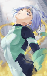 Rule 34 | 1girl, absurdres, blue eyes, blue hair, bodysuit, boku no hero academia, building, city, cloud, cloudy sky, commentary request, covered navel, cowboy shot, day, fengling (furin-jp), hadou nejire, head tilt, highres, long hair, looking at viewer, outdoors, parted lips, partial commentary, sideways glance, sky, solo, standing, transmission tower
