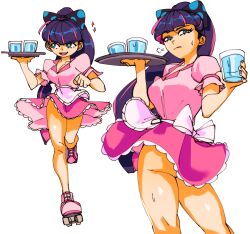 Rule 34 | 1girl, 3amsoda, absurdres, apron, ass, blue eyes, blue hair, blunt bangs, bow, bowtie, breasts, cleavage, cup, dress, highres, holding, holding cup, holding plate, large breasts, long hair, looking at viewer, maid apron, multicolored hair, multiple views, panty &amp; stocking with garterbelt, pink dress, pink hair, plate, roller skates, skates, smile, sparkle, stocking (psg), sweat, teeth, two-tone hair, upper teeth only, waitress, white bow, white bowtie