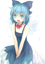 Rule 34 | &gt;:d, 1girl, :d, adapted costume, bare arms, bare shoulders, blue dress, blue eyes, blue hair, bow, cirno, culter, dress, embarrassed, hair bow, highres, ice, ice wings, matching hair/eyes, open mouth, pinafore dress, simple background, sleeveless, sleeveless dress, smile, solo, touhou, v-shaped eyebrows, v arms, white background, wings