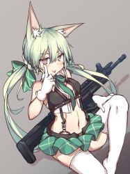 Rule 34 | 1girl, :p, animal ear fluff, animal ears, art556 (girls&#039; frontline), bare shoulders, blush, bow, brown eyes, cat ears, commentary request, crop top, girls&#039; frontline, gloves, green bow, green hair, green skirt, grey background, gun, hair between eyes, hair bow, highres, knee up, long hair, midriff, name connection, navel, no shoes, object namesake, pleated skirt, shinopoko, shirt, sitting, skirt, sleeveless, sleeveless shirt, solo, taurus art556, thighhighs, tongue, tongue out, twintails, very long hair, weapon, white gloves, white shirt, white thighhighs
