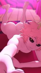 Rule 34 | 1girl, 3d, ashido mina, ass, black sclera, boku no hero academia, breasts, colored sclera, colored skin, feet, greatm8, highres, horns, looking at viewer, lying, nude, on stomach, pink hair, pink skin, solo, yellow eyes