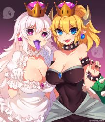 Rule 34 | 2girls, armlet, bare shoulders, black nails, blonde hair, blue eyes, boo (mario), bowsette, bracelet, breasts, brooch, cleavage, collar, collarbone, commentary request, covered navel, crown, dress, earrings, female focus, gloves, gradient background, horns, jewelry, large breasts, long hair, looking at viewer, luigi&#039;s mansion, mario (series), marota, multiple girls, nail polish, new super mario bros. u deluxe, nintendo, open mouth, pink eyes, pointy ears, ponytail, princess king boo, purple background, sharp teeth, short hair, simple background, smile, spiked armlet, spiked bracelet, spiked collar, spikes, super crown, teeth, tongue, tongue out, twitter username, upper body, upper teeth only, white dress, white gloves, white hair