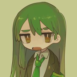 Rule 34 | 1boy, armband, black jacket, collared shirt, commentary request, eyebrow cut, green armband, green background, green eyes, green hair, green necktie, jacket, jitome, lobotomy corporation, long hair, long sleeves, male focus, necktie, netzach (project moon), no nose, notsu (mxtsxno), open clothes, open jacket, open mouth, portrait, project moon, shirt, sigh, simple background, solo, white shirt