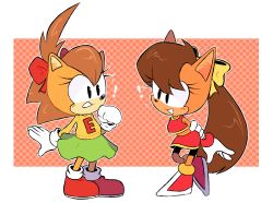 Rule 34 | !, 2girls, amy rose, amy rose (manga), animal ears, animal nose, arms behind back, bare shoulders, bike shorts, black eyes, blouse, blush, body fur, border, bow, brown hair, checkered background, child, clenched hand, clothes writing, crop top, crop top overhang, eye contact, female focus, flat chest, folded ponytail, full body, furry, furry female, gloves, green skirt, hair bow, hand up, happy, heel up, highres, holding own arm, leaning forward, light blush, long hair, long sleeves, looking at another, midriff, miniskirt, multiple girls, notice lines, open mouth, orange fur, outline, outside border, ponytail, red background, red bow, red footwear, red shirt, red skirt, shirt, shoes, short hair, sideways mouth, simple background, skirt, sleeveless, sleeveless shirt, smile, socks, sonic (series), sonic the hedgehog (manga), standing, stellarspin, sweater, tiara boobowski, two-tone fur, very long hair, white border, white gloves, white legwear, white outline, yellow bow, yellow legwear, yellow sweater