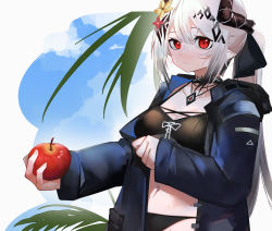 Rule 34 | 1girl, ao oni (onioni-aoi), apple, arknights, bikini, black bikini, black coat, blue sky, breasts, cleavage, closed mouth, coat, collar, day, flower, food, fruit, hair flower, hair ornament, highres, holding, holding food, holding fruit, horns, infection monitor (arknights), jewelry, large breasts, long hair, long sleeves, looking at viewer, mudrock (arknights), mudrock (silent night) (arknights), necklace, off shoulder, official alternate costume, open clothes, open coat, outdoors, outside border, pointy ears, ponytail, red eyes, silver hair, sky, solo, swimsuit, yellow flower