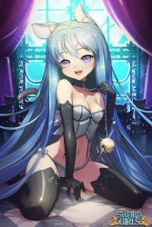 Rule 34 | 1girl, :d, animal, animal ear legwear, animal ears, arm support, artist name, backlighting, bare shoulders, beads, bed sheet, bell, between legs, black gloves, black thighhighs, blue bow, blue hair, blurry, bow, bow panties, bustier, cat, cat band gloves, cat ear legwear, cat ears, cat shi, cat tail, choker, collarbone, company name, copyright name, curtains, depth of field, elbow gloves, eyebrows, eyelashes, glint, gloves, hand between legs, holding, indoors, jingle bell, lens flare, light particles, lingerie, long hair, looking at viewer, moon, navel, night, on bed, open mouth, panties, purple eyes, shiny clothes, sitting, smile, solo, stomach, strapless, string panties, sword girls, tail, thighhighs, underwear, underwear only, untied, very long hair, wariza, white bow, window
