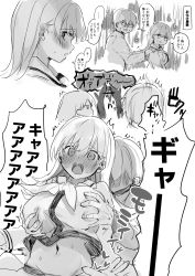 Rule 34 | 1boy, 1girl, admiral (kancolle), blush, grabbing another&#039;s breast, breasts, commentary request, enemy lifebuoy (kancolle), grabbing, grabbing from behind, greyscale, heart, hetero, highres, kantai collection, large breasts, long hair, monochrome, multiple views, nanahamu, neckerchief, nose blush, ooi (kancolle), open mouth, parted lips, sailor collar, scared, school uniform, serafuku, simple background, sound effects, sweat, translation request