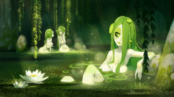 Rule 34 | 3girls, bathing, bellaphone, breasts, colored nipples, colored sclera, colored skin, commentary, completely nude, dofus, english commentary, floating breasts, flower, french commentary, green eyes, green hair, green lips, green nipples, green sclera, green theme, hair over one eye, highres, large breasts, lily (flower), long hair, mixed-language commentary, monster girl, multiple girls, nude, outdoors, partially submerged, solo focus, wading, wakfu, water, watermark, web address, white skin, xaxaxa
